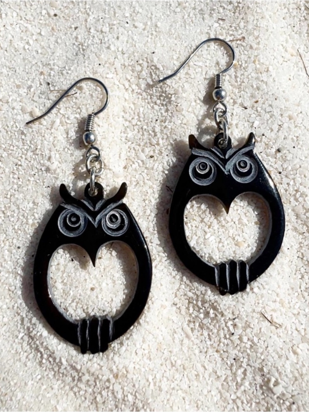 Natural Brown Lip Shell Owl Earrings - Carved Shell Dangle Earrings - Boho Woodl